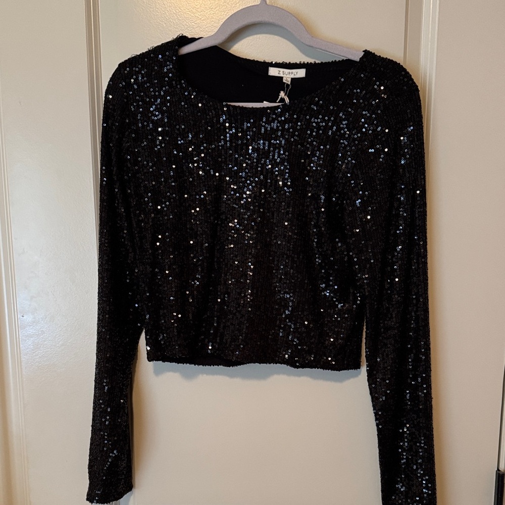 NWT Z Supply Black Sequin Long-Sleeve Crop Top